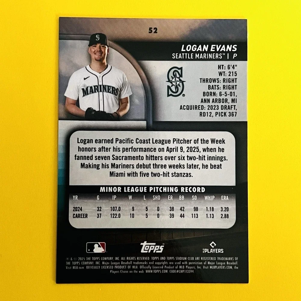 2025 Topps Stadium Club Logan‎ Evans RC #52 Seattle Mariners Rookie Card